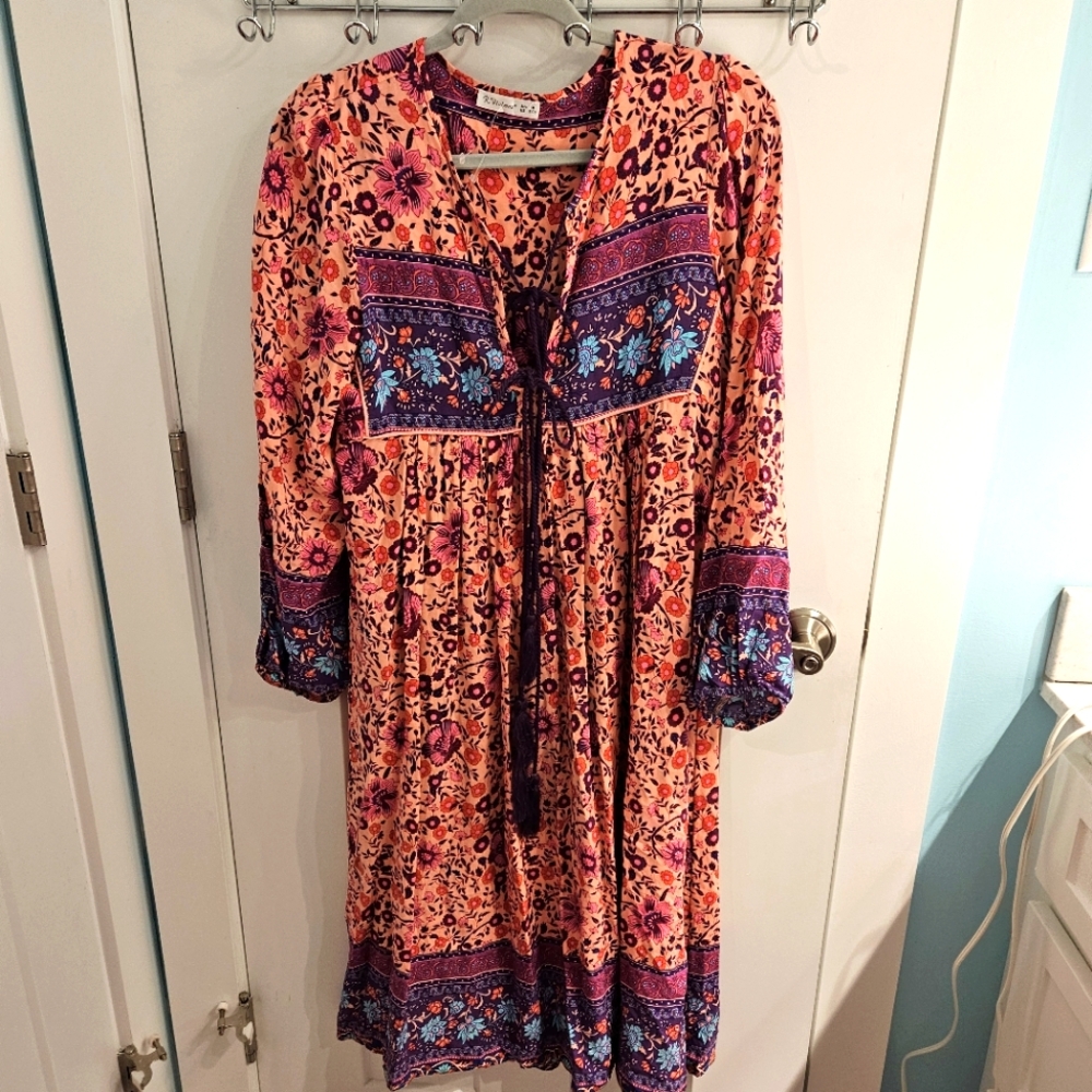 R. Vivimos Womens Tie Up Neck Long Sleeve Floral Tassel Bohemian Midi Dress M
